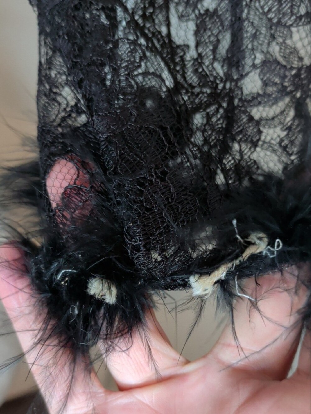 Vintage 60s Black Lace Top Feather Boa Sleeves Elegant Formal - Picture 9 of 11